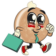 cute sugar donut bun mascot cartoon character vector illustration wearing a tie and carrying a suitcase rushing to the office, sweet bakery dessert food icon isolated, work of hand drawn