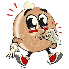 cute sugar donut bun mascot cartoon character vector illustration isolated blowing the whistle, sweet bakery dessert food icon isolated, work of hand drawn
