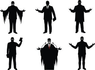 Supernatural businessman silhouettes, ghostly authority figures, political podium speech, eerie leadership concept, sinister suit figures, dual identity theme, mysterious power, dark symbolism