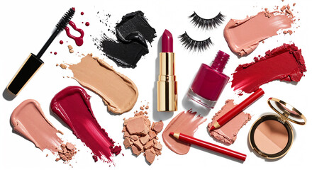 Assorted makeup products and swatches on a white background Keywords: makeup, cosmetics