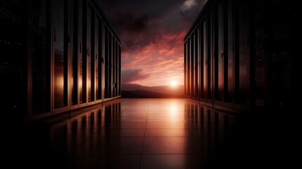 Dramatic sunset paints the sky over a modern server room filled with rows of glowing computer racks and a polished floor