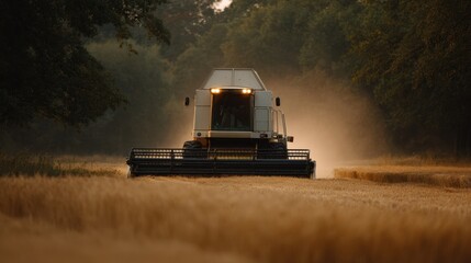 Fototapeta premium Harvesting Machine Working in Golden Wheat Field at Dusk with Dust Clouds Rising from Earth