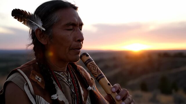 senior native american man playing traditional wooden flute with intricate carvings and traditional attire, set against natural sunset background. music, heritage, and cultural expression.