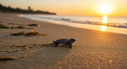 Baby Sea Turtle Crawling Towards Sunrise on Sandy Beach baby turtle hatchling