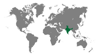 India on World map. India map vector. India map on white background