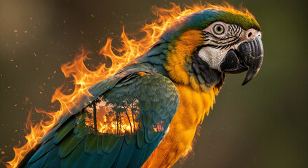 Blue And Yellow Macaw Parrot With Flames And Forest Fire Reflection bird wildlife
