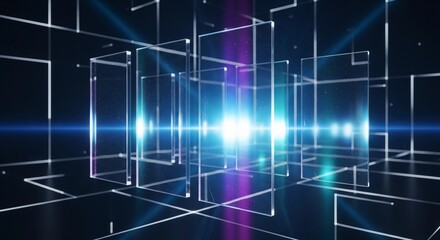 Futuristic Digital Grid Network Abstract Background with Glowing Light Beams