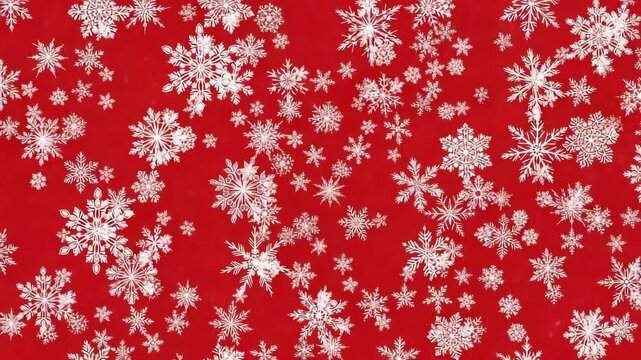 Festive red background with a dense pattern of white snowflakes creating a cheerful and wintery holiday atmosphere