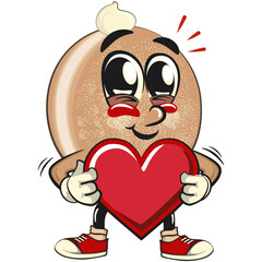 cute sugar donut bun mascot cartoon character vector illustration hold the heart with love, sweet bakery dessert food icon isolated, work of hand drawn