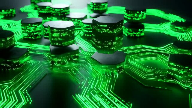 Futuristic digital circuit board with glowing green elements and hexagonal nodes