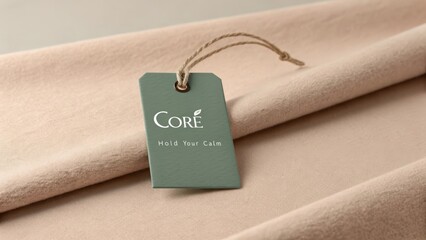 Soft Fabric with Tag Saying Hold Your Calm on a Neutral Background