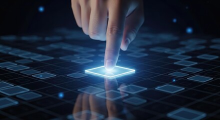 Finger presses glowing blue square dark digital grid, symbolizing technology and data