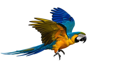 Vibrant Blue and Gold Macaw in Dynamic Flight Pose with Spread Wings, Isolated on Transparent Background for Creative Design Projects