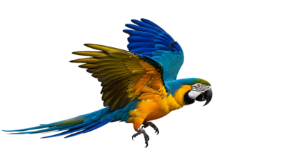 Vibrant Blue and Gold Macaw in Dynamic Flight Pose with Spread Wings, Isolated on Transparent Background for Creative Design Projects
