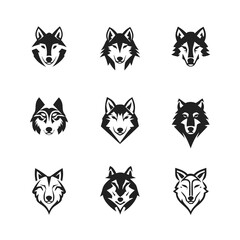Fototapeta premium Wolf Head Logos Collection. Vector Set of Black and White Minimalist Geometric Animal Head Icons. Wildlife Predator Symbol Graphics.