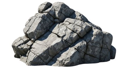 A large, textured grey rock with deep cracks and sharp angles, isolated on a transparent background