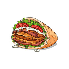 Realistic Vector Cartoon Illustration of Turkish Döner Kebab (European Style) with Vegetables and Sauce in Flatbread

