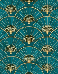 Art Deco pattern featuring stylized fan shapes in teal and gold