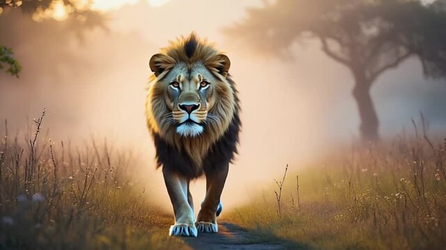 A majestic lion walking forward on a dirt path in a hazy, golden lit, african savanna setting lion video