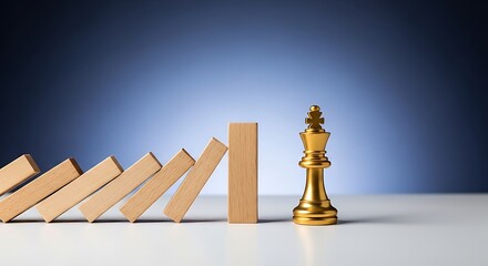 Golden chess king stopping falling dominoes, symbolizing strategy and resilience against challenges