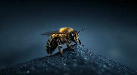 Close-up of a bee on a dark textured surface Keywords: bee, insect, bug, honeybee, pollinator