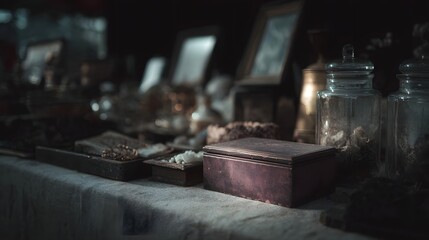 A dimly lit antique market stall displays vintage boxes glass jars and framed items on a draped table evoking a sense of history and curiosity