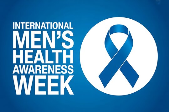 International mens health awareness week banner with blue ribbon on blue background