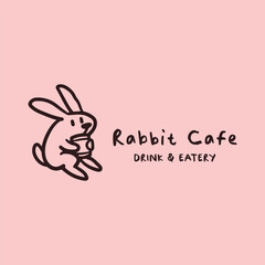 Rabbit holding an ice drink logo for cafe, restaurant, and coffee. Cute mascot character illustration simple hand drawn style 