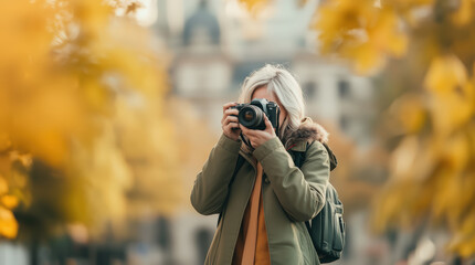 Blonde woman photographer capturing beauty of autumn scenes in vibrant urban setting, embracing her passion for travel and creative lifestyle with digital camera