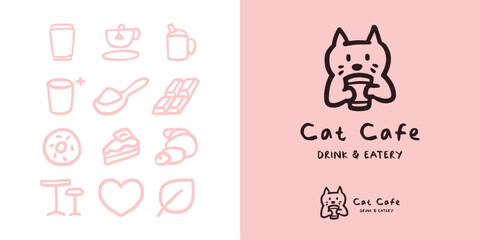 Cat holding an ice drink logo for bar, restaurant, and coffee. Cute mascot character illustration simple hand drawn style. icon set collection for cafe content