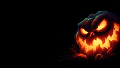 Happy halloween with angry jack-o-lantern glowing in the dark