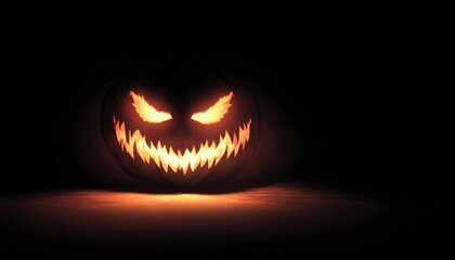Happy halloween with angry jack-o-lantern glowing in the dark