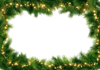 Festive green pine branches with glowing string lights create cheerful holiday border
