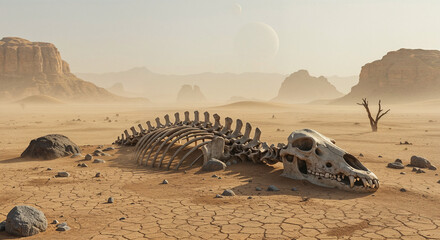 Desert Landscape with Animal Skeleton and Cracked Earth candid photo
