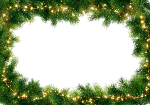 Festive green pine branches with glowing string lights create cheerful holiday border - Powered by Adobe