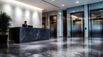 Modern office lobby with a receptionist at a marble desk and sleek elevators