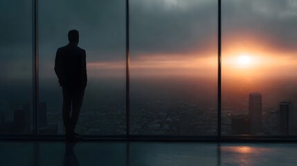 Fototapeta premium Silhouette of a businessman in a suit gazing out a large window at a city skyline during a vibrant sunset