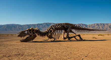 Dinosaur skeleton in a vast desert landscape under a clear blue sky t-rex fossil
