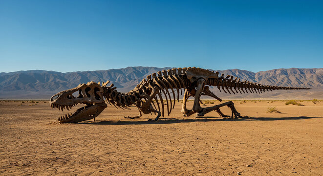 Dinosaur skeleton in a vast desert landscape under a clear blue sky t-rex fossil