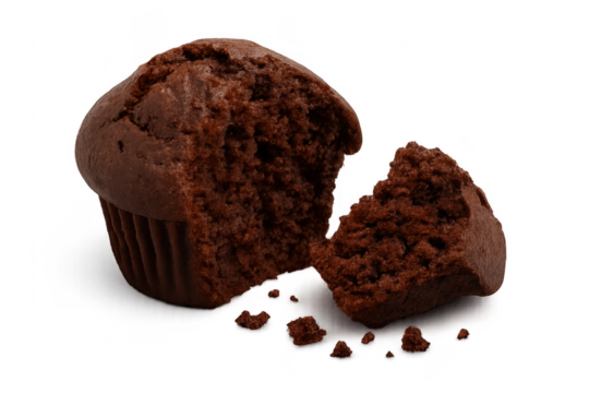 Breaking chocolate muffin showing crumbly texture