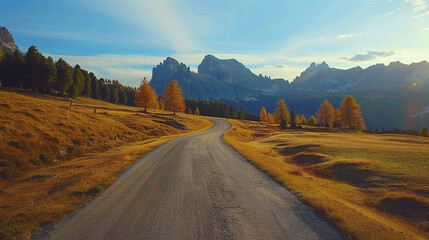 An inspiring autumn scene that captures the harmony between earth, road, and sky
