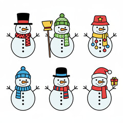 A flat design icon set featuring cute snowmen with hats and scarves, perfect for Christmas, winter, and festive greeting designs., Ai Generate.