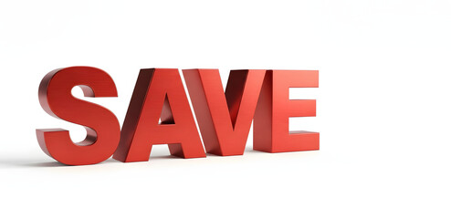 Close up of the word save in red block letters on a white background in a studio setting