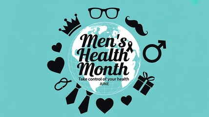 Mens health month awareness design with globe, crown, glasses, and mustache elements