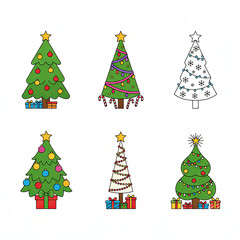 A flat design icon set of decorated Christmas trees with ornaments and stars, perfect for holiday cards, websites, and posters, Ai Generate.