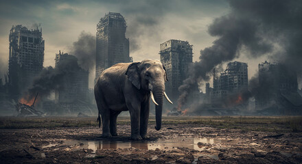 Elephant stands in muddy puddle amidst destroyed city ruins and smoke animal wildlife