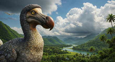 Dodo bird in foreground with lush green valley and river landscape background extinct animal