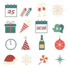 Christmas & New Year Celebration Icons – Festive Vector Set for 2026