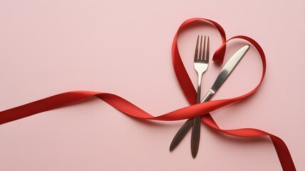 Valentine dinner date fork knife ribbon heart love celebration romantic cutlery food pink background