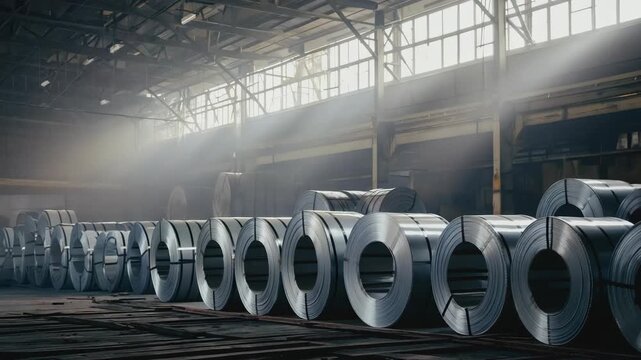 rows of giant steel coils inside a large metal factory, industrial hall with high ceiling and steel beams
